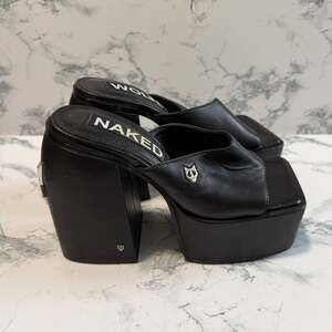 Naked Wolfe Women 7 Jenna Platform Heel Chunky Black Leather Wolf Y2K Bratz Shoe